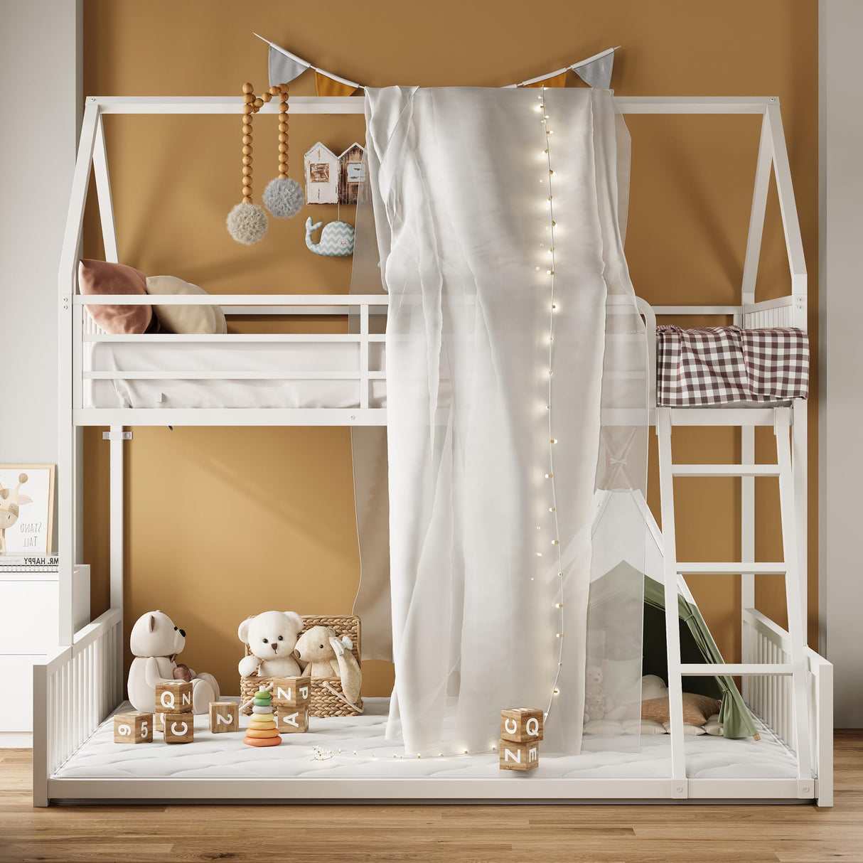 LIKIMIO Bunk Bed Twin Over Full Size, House Bunk Bed Frame with Ladder and Guardrail, House Shaped with Metal Slats Support No Box Spring Needed Space Saving for Bedroom and Dorm, White LIKIMIO