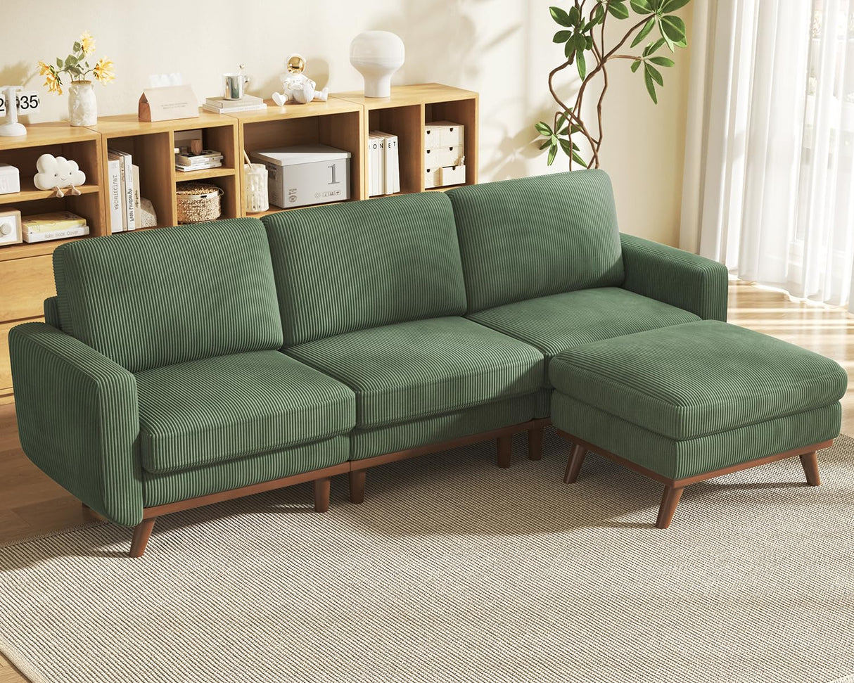 Vesgantti 97" Modular Sectional Sofa Green, L-Shaped Couch with Movable Ottoman, Comfy Corduroy Couch with Spring Cushion, Modular Sofa with Deep Seat for Living Room, Bedroom and Apartment Vesgantti