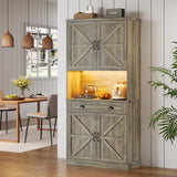 UPOSOJA Farmhouse Kitchen Pantry Cabinet with Operation Table, 72.6" Storage Cabinet with LED Lights and Power Strip, Adjustable Shelves for Dining Room, Bathroom, Living Room (Gray) UPOSOJA