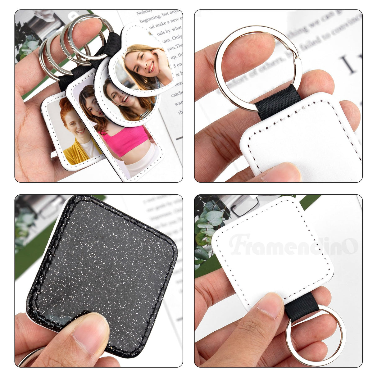 Framendino, 8 Pack Sublimation Blank Keychain Glitter PU Leather Heat Transfer Keyrings Heart Round Square Rectangle Key Chain for DIY Craft Making Framendino