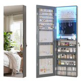 Vlsrka 47.2" LED Grey Jewelry Mirror Cabinet, Wall/Door Mounted Jewelry Armoire Organizer with Full-Length Mirror, Large Capacity Storage Hanging Cabinet, 4 Drawers, 5 Shelves, Built-in Lighted Mirror Vlsrka