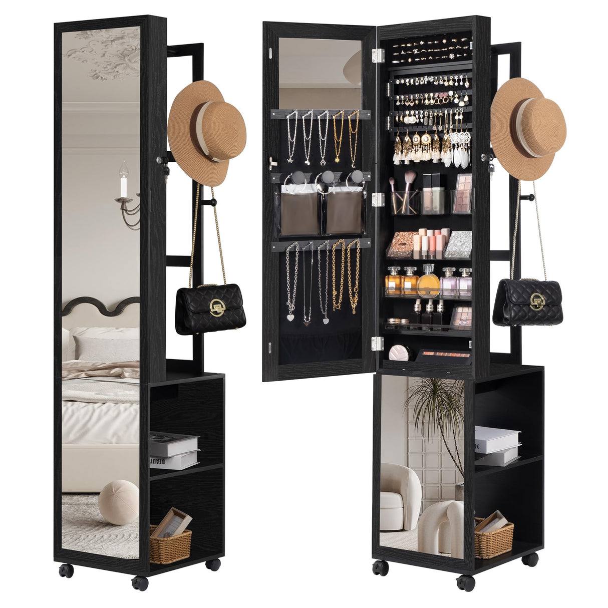 Hzuaneri 8 LEDs Jewelry Cabinet Armoire, 64.8-inch Jewelry Organizer with Garment Rack, Lockable Full-length Mirror with 4 Wheels, Storage Shelves with Hooks, 5-in-1, Black JC17004B Hzuaneri