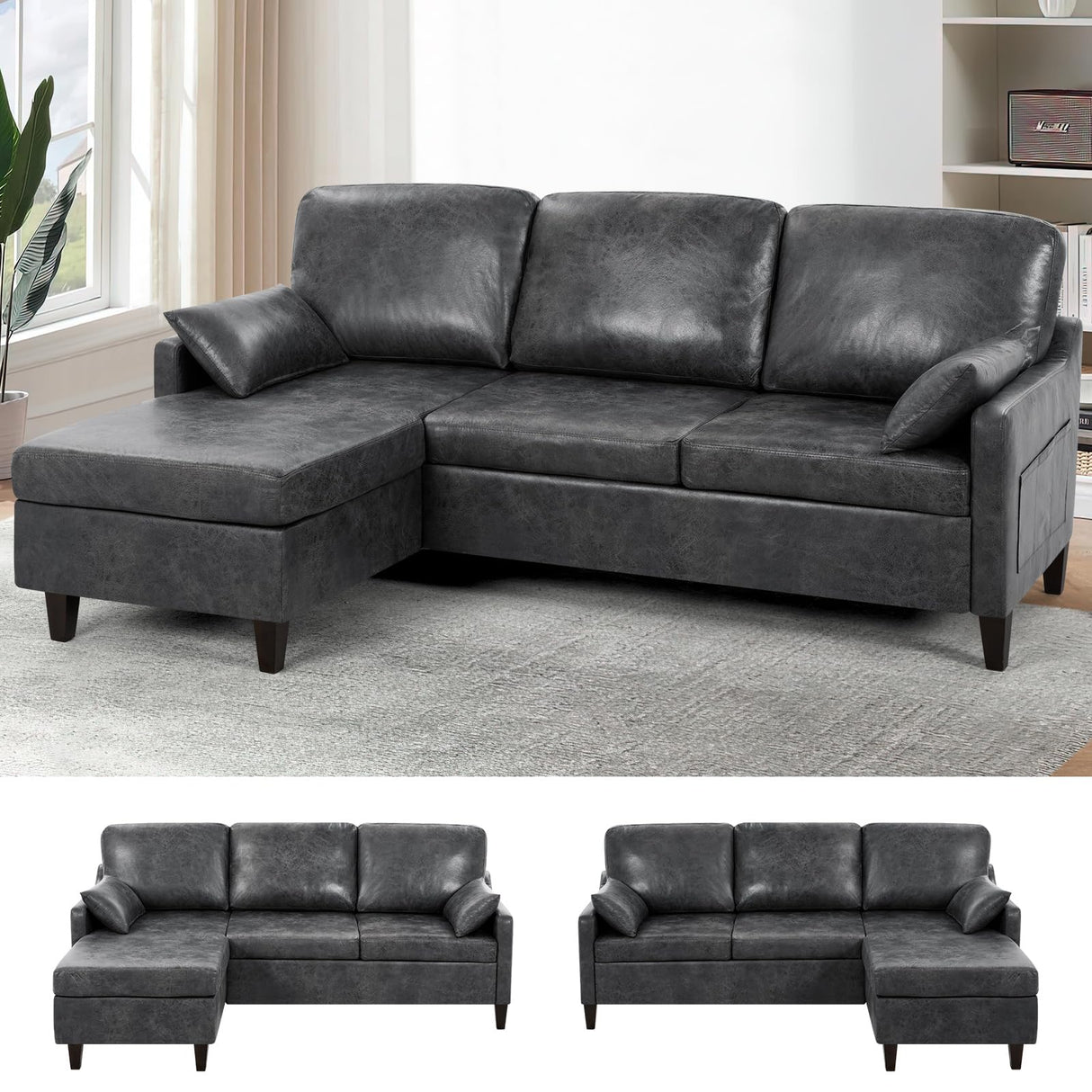 ACMEASE 76" Sectional Sofa Couch with Reversible Chaise, Suede Leather L Shaped Sofa w/USB Charger Ports & Storage Bag, Convertible Modern Couch w/Storage Space for Living Room, Small Space, Grey ACMEASE