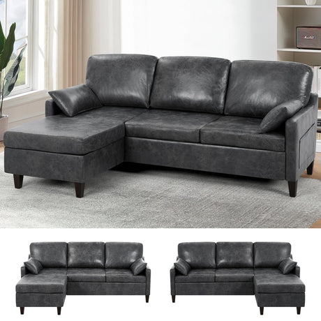 ACMEASE 76" Sectional Sofa Couch with Reversible Chaise, Suede Leather L Shaped Sofa w/USB Charger Ports & Storage Bag, Convertible Modern Couch w/Storage Space for Living Room, Small Space, Grey ACMEASE