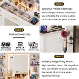 PAKASEPT Vanity Desk with Mirror and Lights, Fluted Makeup Vanity Desk with Lights 3 Colors, Glass Top Vanity with 16 RGB Colors Cabinet, 2 Shelves & 5 Drawers & Power Outlet for Bedroom PAKASEPT