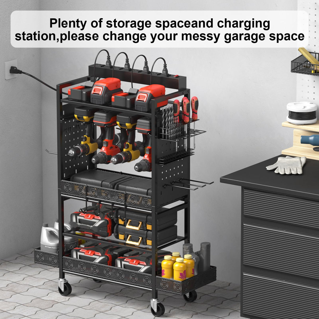 CCCEI Garage Power Tools Organizer Cart with Charging Station, Black Floor Standing Rolling Drill and Tools Battery Storage Cart on Wheels. Utility CCCEI