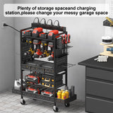 CCCEI Garage Power Tools Organizer Cart with Charging Station, Black Floor Standing Rolling Drill and Tools Battery Storage Cart on Wheels. Utility CCCEI