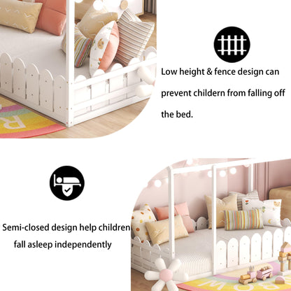 Twin Floor Bed with Fence Rails by Harper & Bright Designs - White Montessori House Bed for Kids - WoodArtSupply