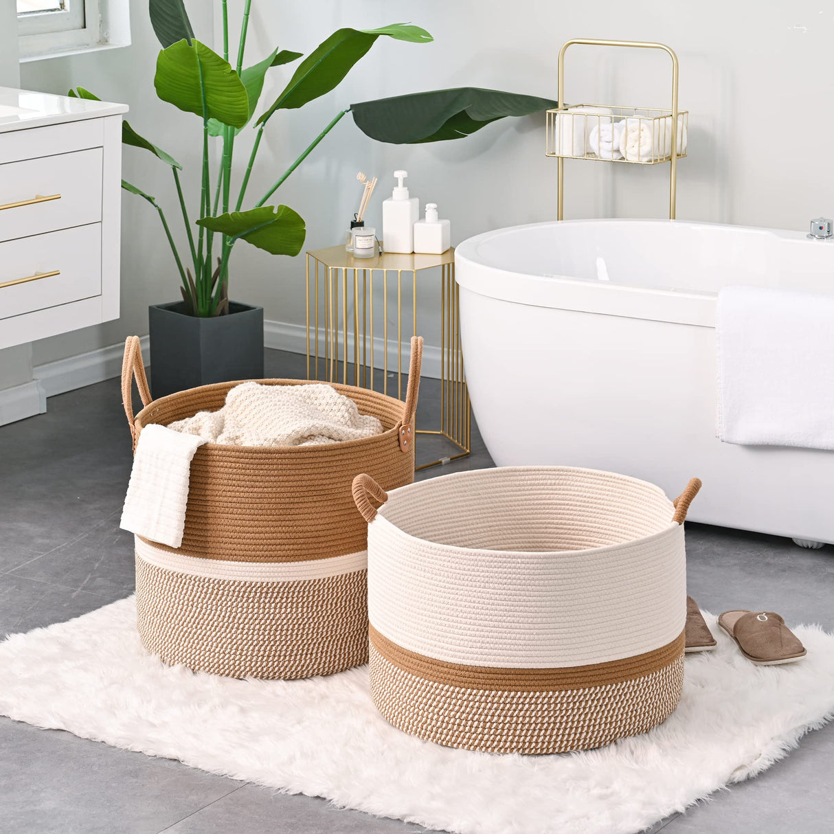 KAKAMAY Large Blanket Basket (20"x13"),Woven Baskets for storage Baby Laundry Hamper, Cotton Rope Blanket Basket for Living Room, Laundry, Nursery, Pillows, Baby Toy chest (White/Brown) KAKAMAY