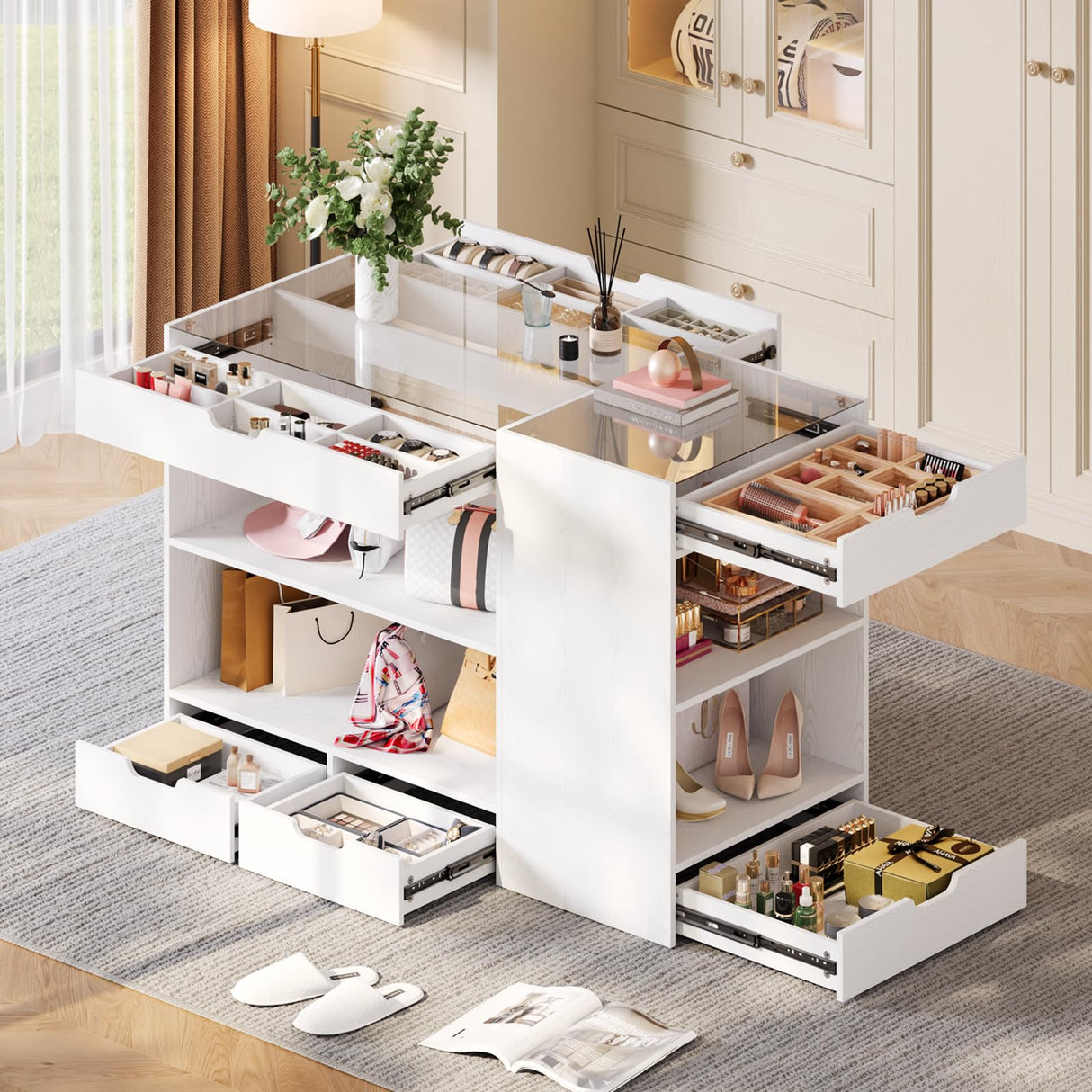 ANCTOR Bedroom Island, 47.4”W Wardrobe Closet Armoire Island with 8 Drawers Glass Top, Jewelry Center Island for Walk in Closet, Dresser for Bedroom Cloakroom Store, White ANCTOR