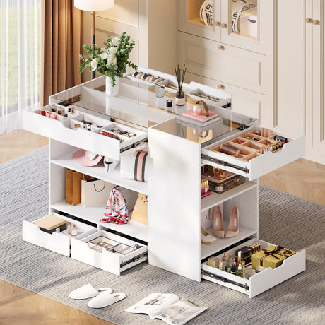 ANCTOR Bedroom Island, 47.4”W Wardrobe Closet Armoire Island with 8 Drawers Glass Top, Jewelry Center Island for Walk in Closet, Dresser for Bedroom Cloakroom Store, White ANCTOR