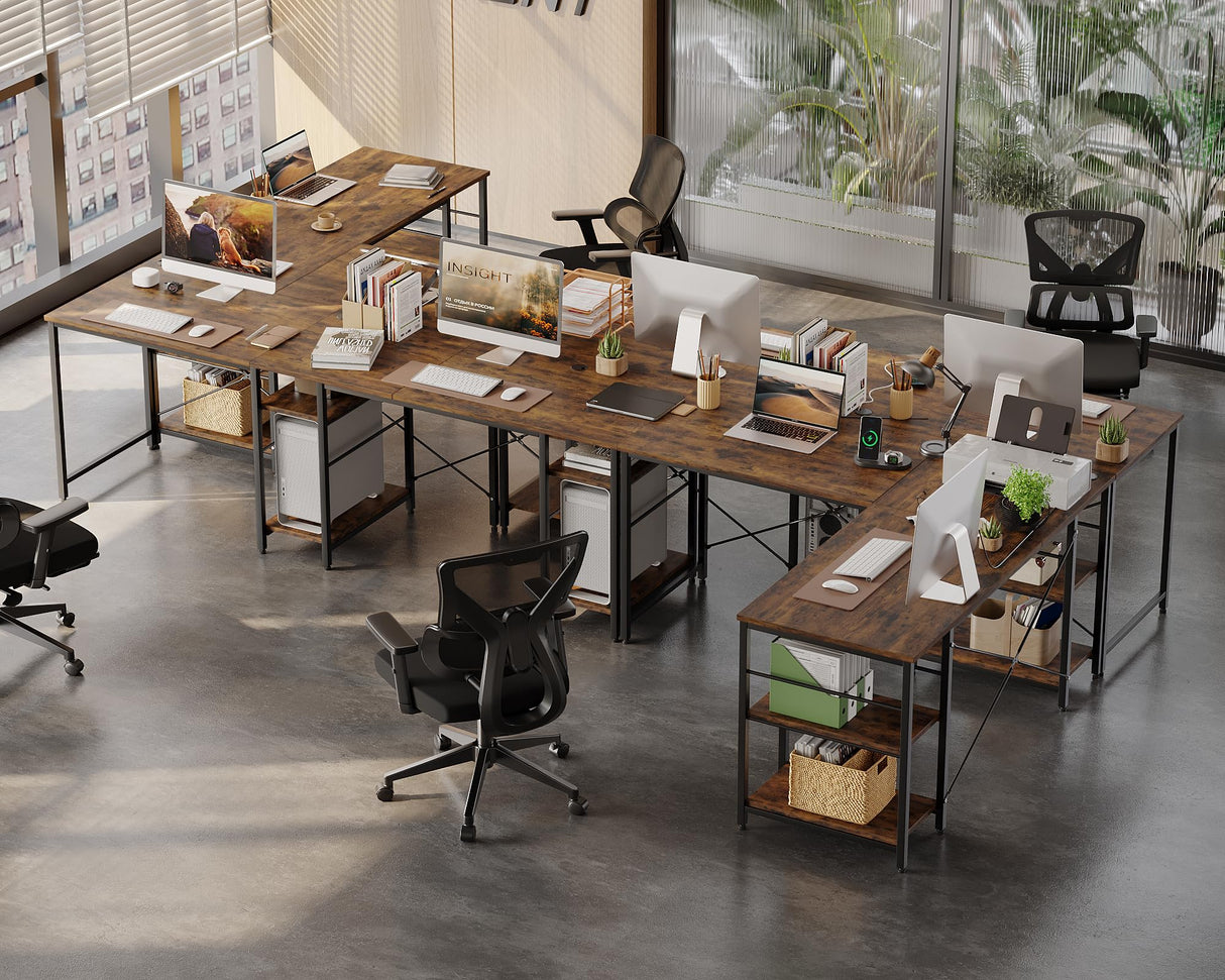 Bestier L Shaped Desk, 95.2 Inch Reversible Corner Computer Desk with Shelves, 2 Person Long Table for Home Office, Large Writing Storage Workstation with 3 Cable Holes, Rustic Brown Bestier