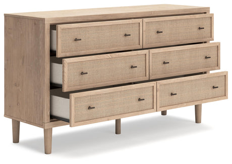 Signature Design by Ashley Cielden Coastal 6-Drawer Dresser, Bronze-Tone Knobs, Safety Stop, Textured Cane Details, 62.01" W x 19.65" D x 35.67" H, Light Brown Signature Design by Ashley