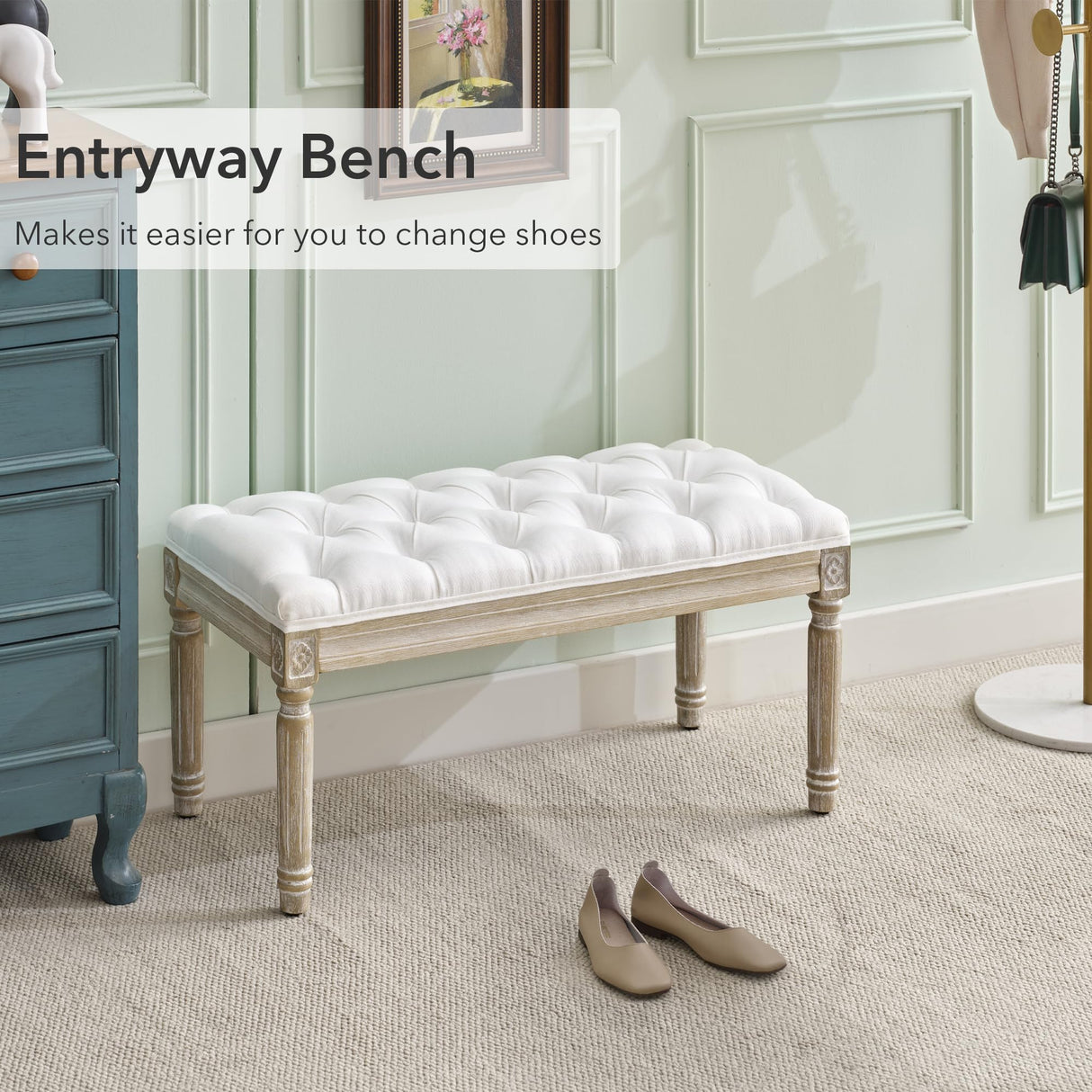 LOULENS French Vintage Bench, Linen Fabric Entryway Bench, Upholstered Tufted End of Bed Bench with Brushed Wood Legs, White LOULENS