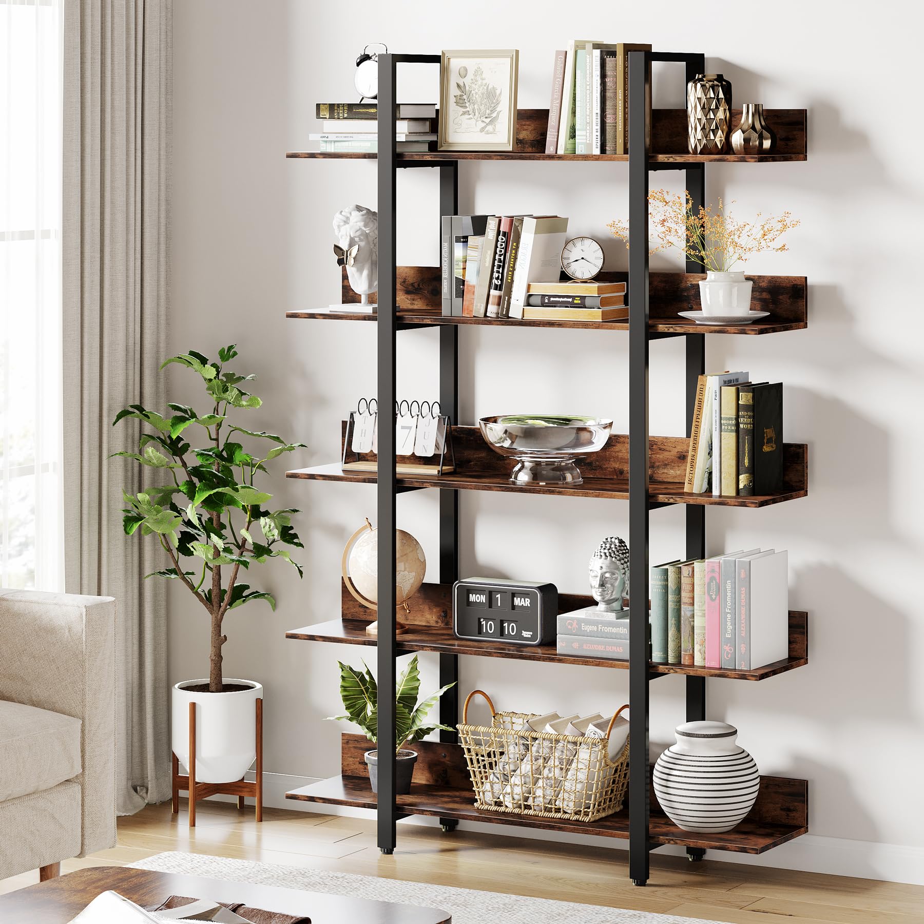 Tribesigns Rustic Brown 5-Tier Industrial Bookshelf with Back Fence - WoodArtSupply