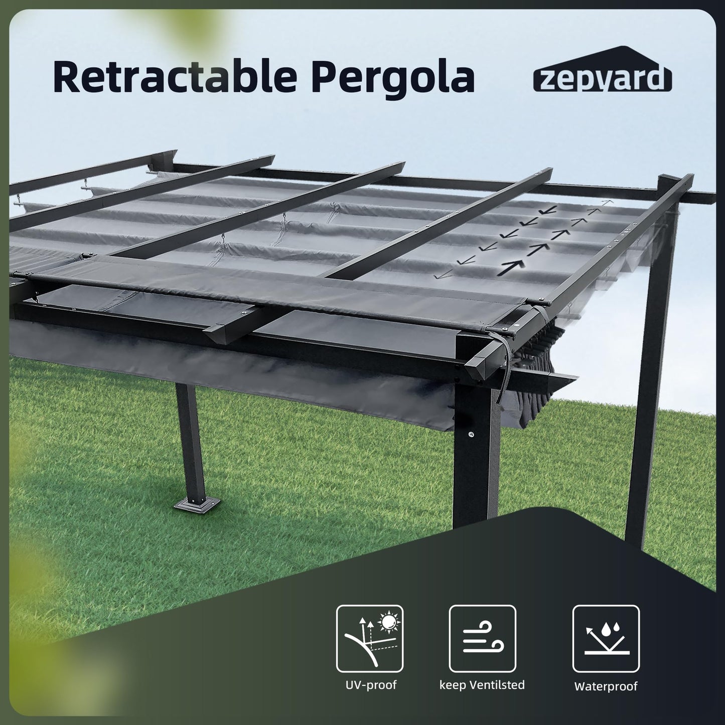 ZEPYARD 10X13 FT Outdoor Pergola, Aluminum Pergola with Sun Shade Retractable Canopy, Patio Retractable Pergola for Deck, Backyard, Grill (Grey)