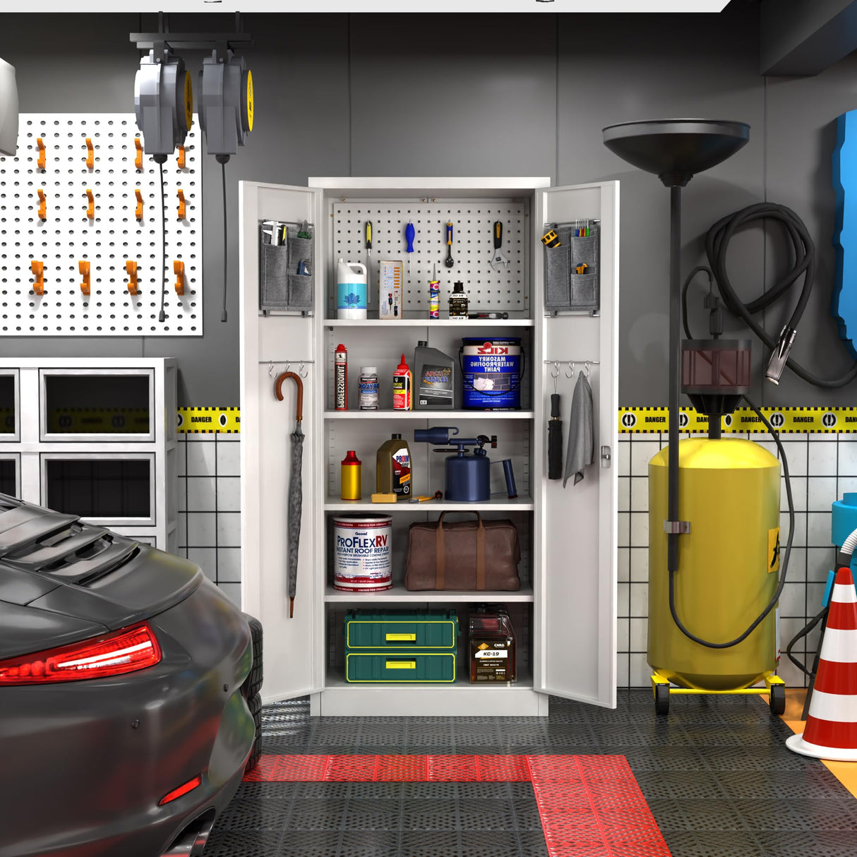 GLADIW Garage Storage Cabinet, Metal Storage Cabinet with Lockable Doors and 5 Adjustable Shelves, Tool Cabinet with Pegboard for Garages, Offices and Tool Rooms, Gray GLADIW