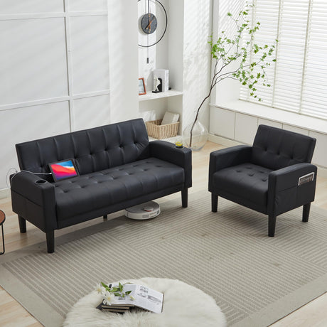 TYBOATLE Sofa Couch 62" W Loveseat w/ 2 USB Charger Ports & 2 Cupholders, Mid-Century Modern Black LeatherTufted Small Love Seat Couches for Office,Compact Living Room,Bedroom,Apartment,Dorm (2) TYBOATLE