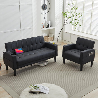 TYBOATLE Sofa Couch 62" W Loveseat w/ 2 USB Charger Ports & 2 Cupholders, Mid-Century Modern Black LeatherTufted Small Love Seat Couches for Office,Compact Living Room,Bedroom,Apartment,Dorm (2)