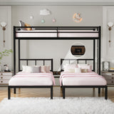 DreamBuck Triple Bunk Bed with Charging Station, Twin Over Twin Over Twin Metal Bunk Bed with Ladder, Guardrail & Storage Shelf, Convertible 3 Bunk Beds for Kids & Adults, Black DreamBuck