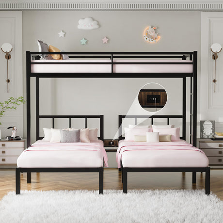 DreamBuck Triple Bunk Bed with Charging Station, Twin Over Twin Over Twin Metal Bunk Bed with Ladder, Guardrail & Storage Shelf, Convertible 3 Bunk Beds for Kids & Adults, Black DreamBuck
