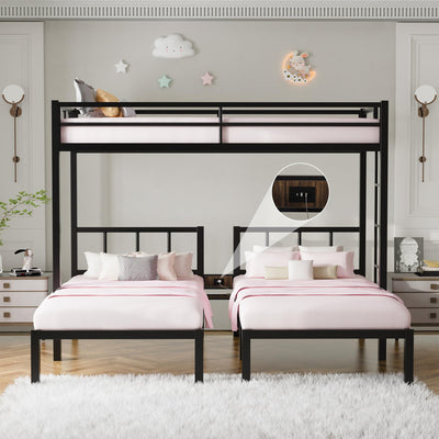 DreamBuck Triple Bunk Bed with Charging Station, Twin Over Twin Over Twin Metal Bunk Bed with Ladder, Guardrail & Storage Shelf, Convertible 3 Bunk Beds for Kids & Adults, Black