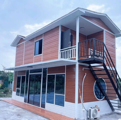 S.E.Q Double Story, Fully Equipped Bathroom, and Kitchen Tiny prefab Container House. Home with Glass sunroom and Stairs Free Water Heater (40 ft)