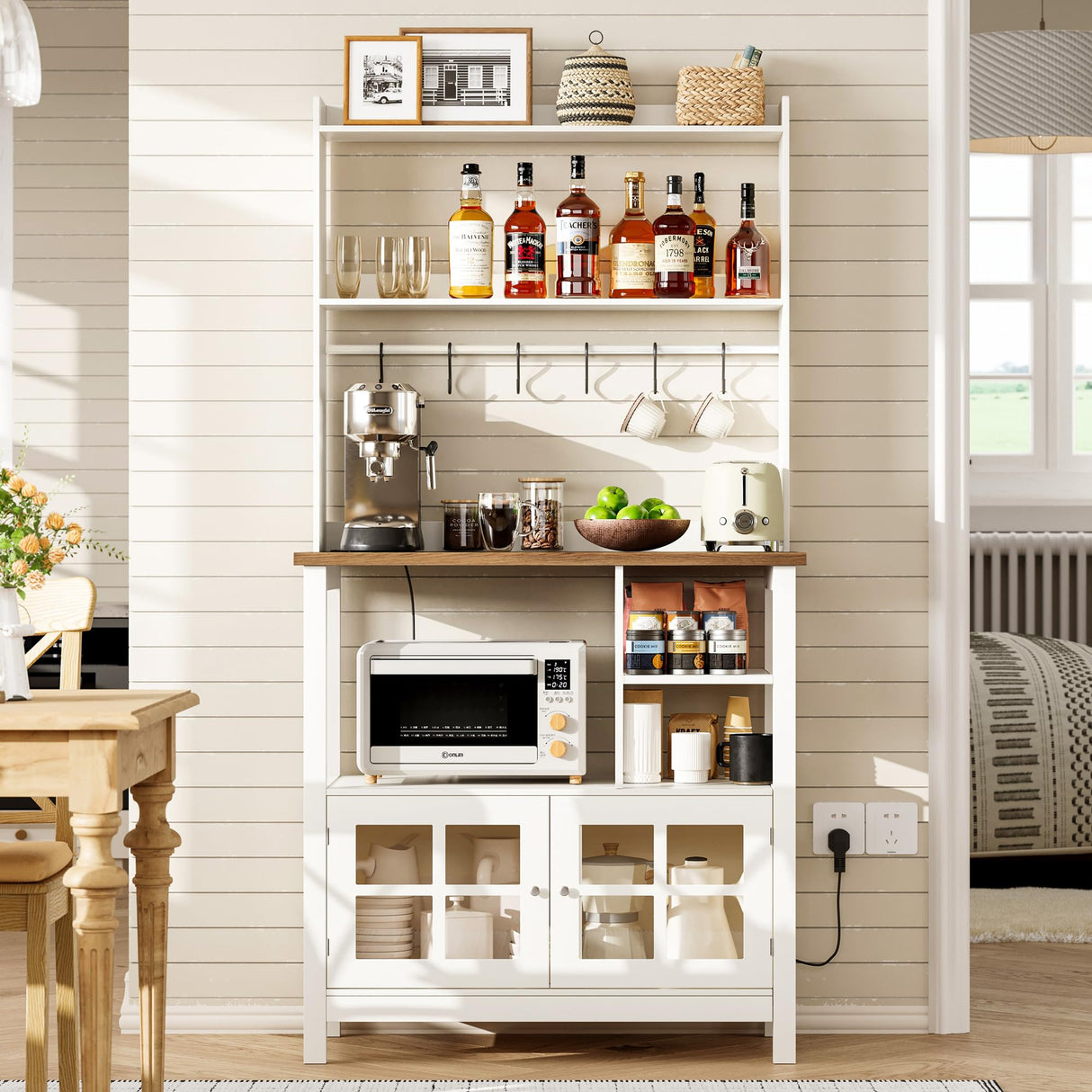 ChooChoo Farmhouse Bakers Rack with Power Outlets and Storage, Coffee Bar Cabinet with Storage, Microwave Stand Kitchen Cabinet with Hutch and 6 Hooks, Soft White & Brown ChooChoo