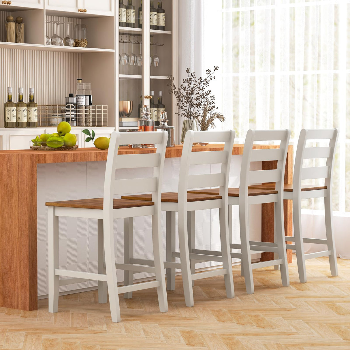 Giantex Counter Height Bar Stools Set of 2, 24" Farmhouse Counter Height Bar Dining Chairs with Back, Rubber Wood Footrest, Acacia Wood Legs, Wooden Barstools for Kitchen Island Pub Restaurant, White Giantex