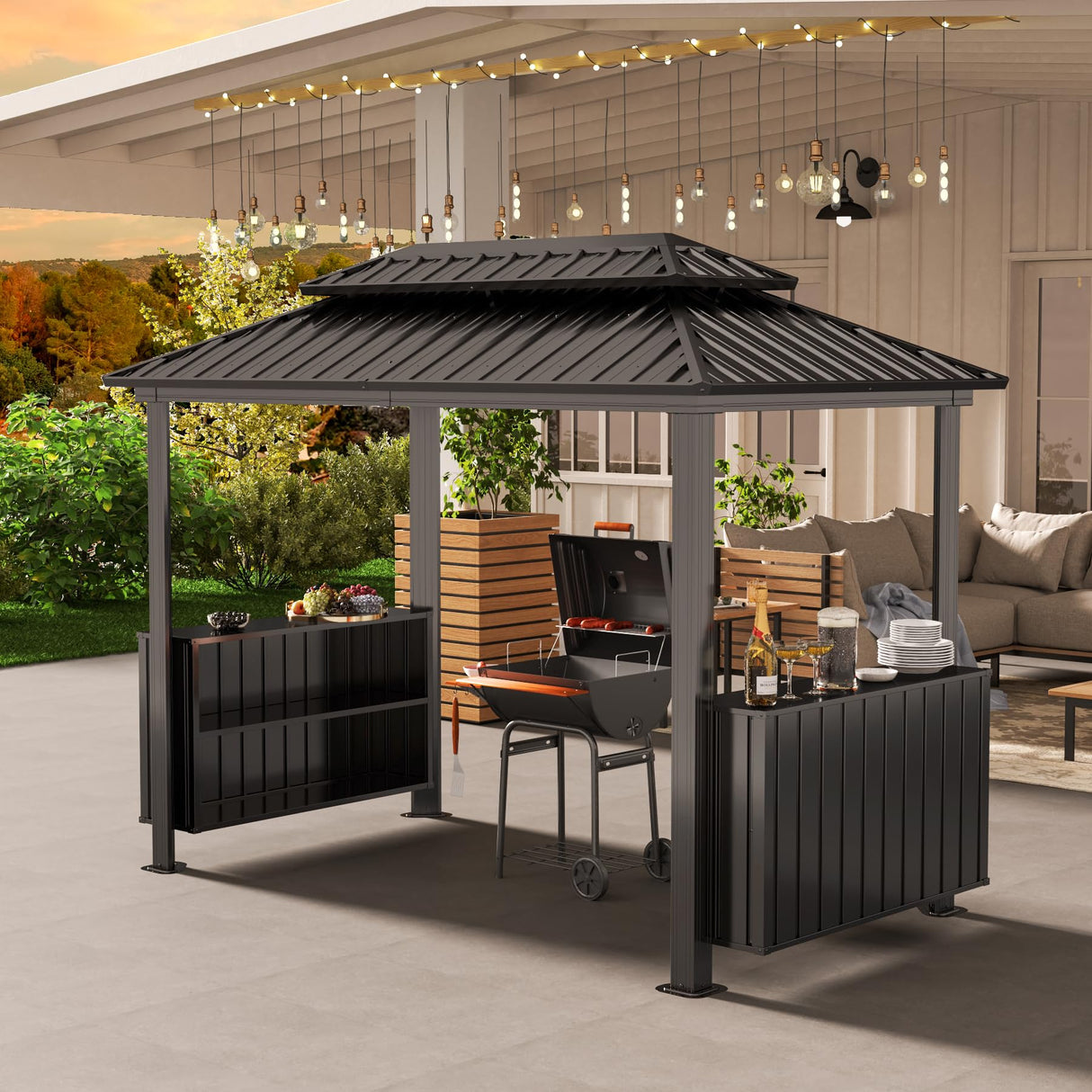 Domi 6x10FT Hardtop Grill Gazebo, BBQ Gazebo with Double Galvanized Steel Roof, 2 Storage Cabinets and Ceiling Hooks, Outdoor Grill Shelter for Backyard, Lawn and Garden(Gray) domi outdoor living