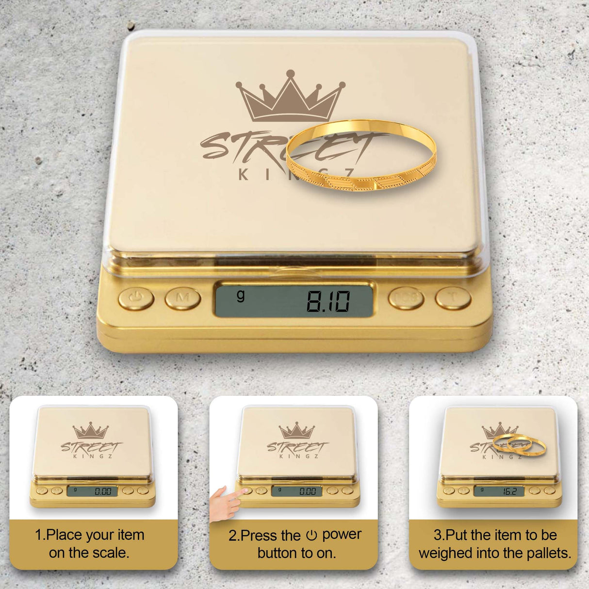 Street Kingz Gold Digital Jewelry Scale - High Precision 1000g Capacity Portable Food Scale with Multi- Unit Conversion & Piece Counting - Mini Scale Includes 2 Weighing Bowls Street Kingz