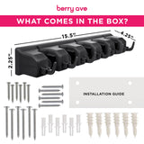 Berry Ave Broom Holder & Wall Mount Garden Tool Organizer - Home Laundry Room, Kitchen, Closet, Shed, Garage Organization and Storage Utility Rack - 5 Slots & 6 Hooks -Rake, Shovel, Mop Hanger (Black) Berry Ave