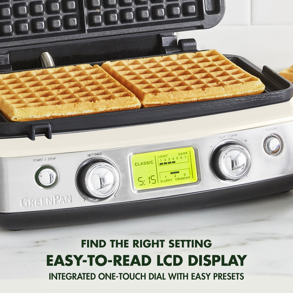 GreenPan Elite 2-Square Belgian & Classic Waffle Iron, Healthy Ceramic Nonstick Aluminum Dishwasher Safe Plates, Adjustable Shade/Crunch Control, Wont Overflow, Easy Cleanup Breakfast, PFAS-Free,White GreenPan