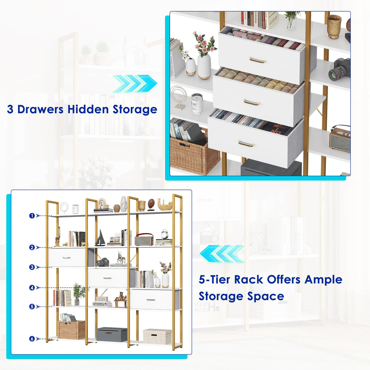 Nosepen 73.6" Tall Bookshelf with 3 Drawers and 16 Storage Shelves, Industrial Bookcase with 16 Open Display Shelves, Large Etagere Bookshelf, Triple Wide Book Shelf Book Case for Home & Office, Gold Nosepen