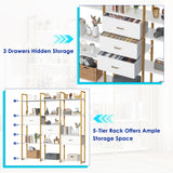 Nosepen 73.6" Tall Bookshelf with 3 Drawers and 16 Storage Shelves, Industrial Bookcase with 16 Open Display Shelves, Large Etagere Bookshelf, Triple Wide Book Shelf Book Case for Home & Office, Gold Nosepen