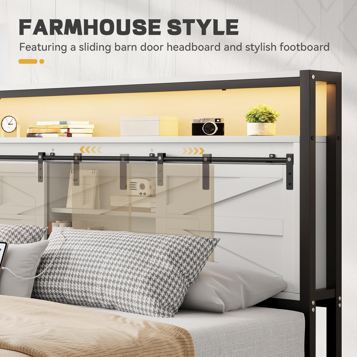 YITAHOME Farmhouse King Bed Frame with Storage Bookcase Headboard, Platform Bed Frame with LED Lights and Charging Station, Sliding Barn Door, Solid Metal Slats, No Box Spring Needed (White) YITAHOME