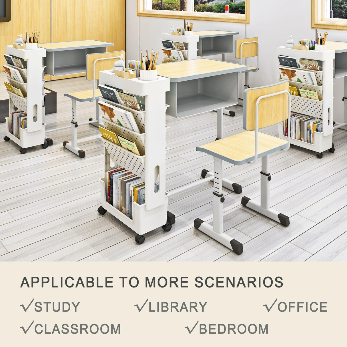yeavs 5-Tier Mobile Bookshelf, Rolling Bookcase Book Storage Rack, Movable File Folder Organizer Cart with Wheels for Home Study Office Living Room Classroom, White yeavs