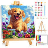 Dog Paint by Numbers Kit for Kids with Frame - Cute Dog Paint by Number for Kids, Kid Painting by Number Kits Age 8-12 for Home Wall Decor 8X8inch (with Wooden Easel) ajepon
