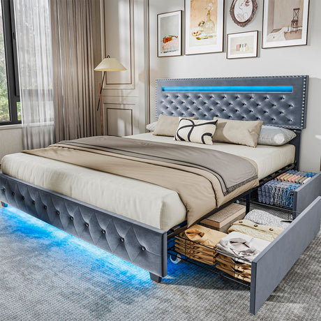 BedsPick Queen Size Bed Frame with LED Lights, Velvet Upholstered Platform Queen Bed Frame with 4 Storage Drawers and Adjustable Headboard, No Box Spring Needed Queen Bedframe, Noise Free, Light Grey BedsPick