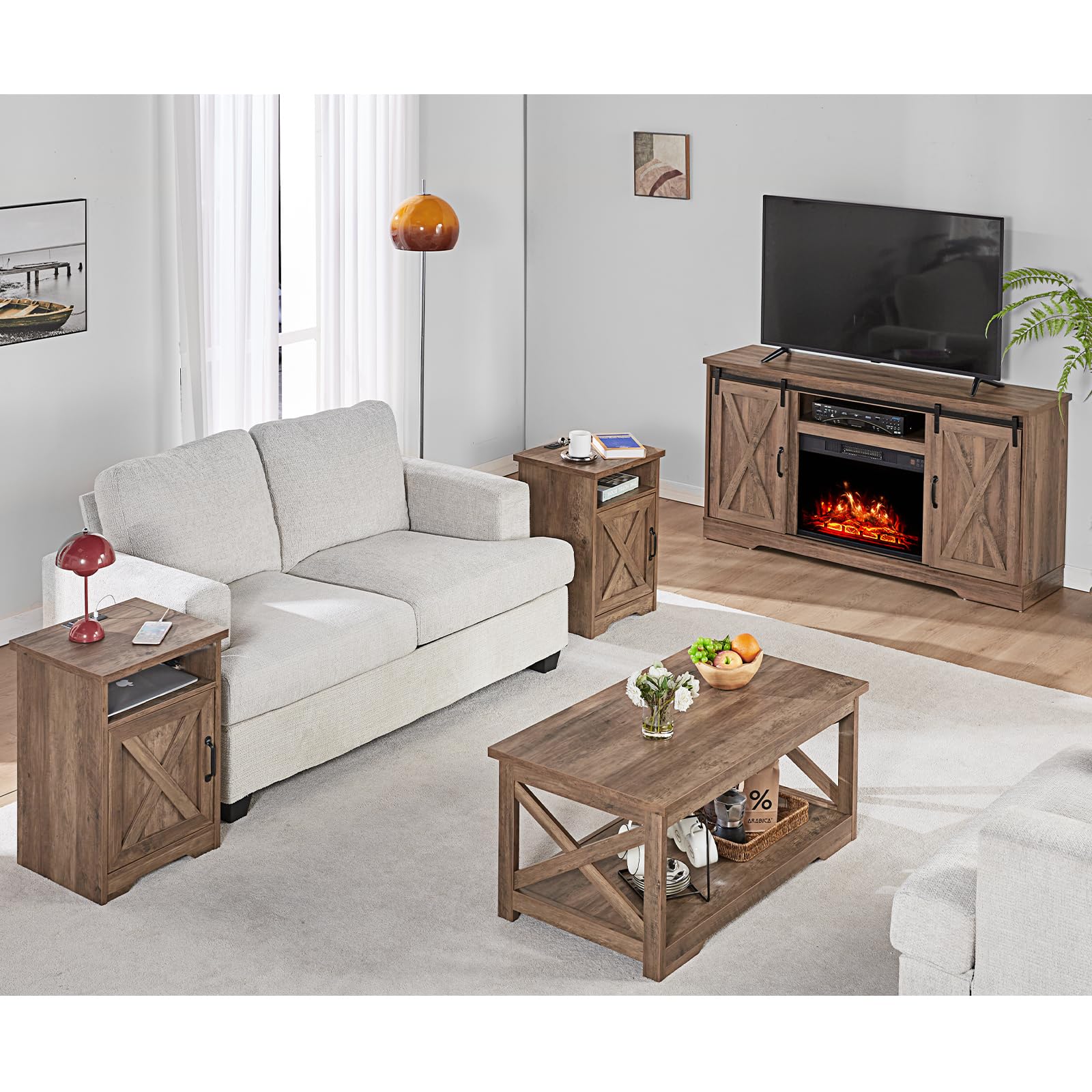 AMERLIFE 5-Piece Farmhouse Table Set Includes Fireplace TV Stand, Coffee Table& Two End Tables with Charging Station and USB Ports, for Living Room, Barnwood - WoodArtSupply