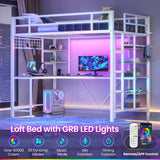 MSmask Loft Bed Twin Size with L Shaped Desk, LED Lights, Charging Station, Heavy Duty Metal Loft Bed Frame with 6 Storage Shelves, Safety Guard & Ladder, No Box Spring Needed, No Noise, White MSmask