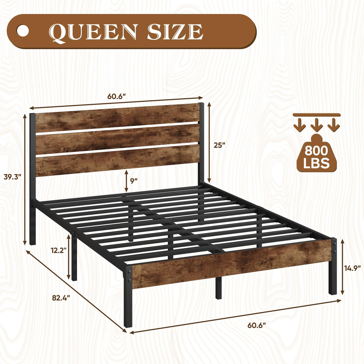 Lifezone Vintage Brown Queen Metal Bed Frame with Headboard, Footboard, and Under-Bed Storage Lifezone