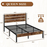 Lifezone Vintage Brown Queen Metal Bed Frame with Headboard, Footboard, and Under-Bed Storage Lifezone
