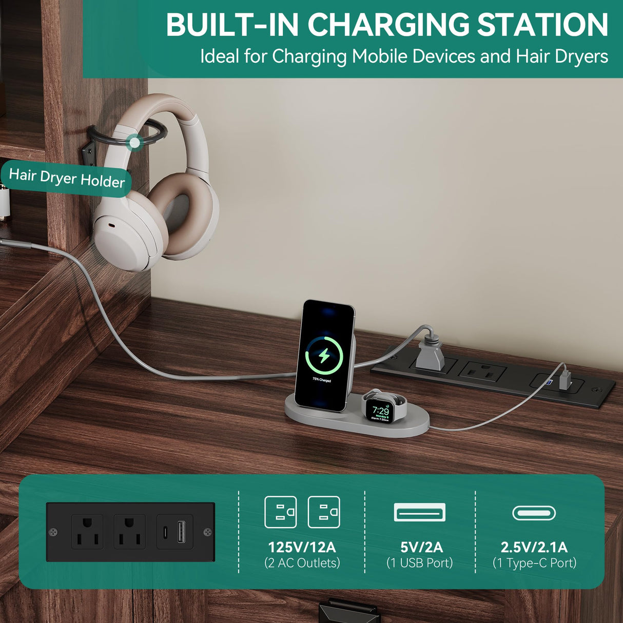 YITAHOME 68'' Farmhouse Makeup Vanity Desk with Mirror and Lights, 360° Rotation Big Modern Lighted Vanity Table with 6 Drawers & Lots Shelves, Rustic Large Dressing Table, Antique Brown YITAHOME