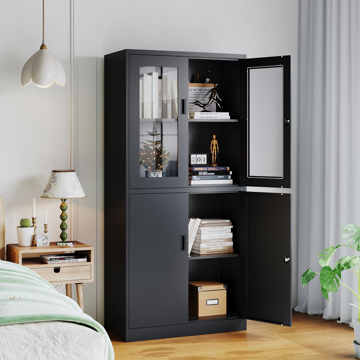 LISSIMO Metal Storage Cabinet with Glass Doors, Lockable Office Cabinet, 71" Tall Steel Cabinet with Adjustable Shelves for Home Office,School and Hospital (Black) LISSIMO