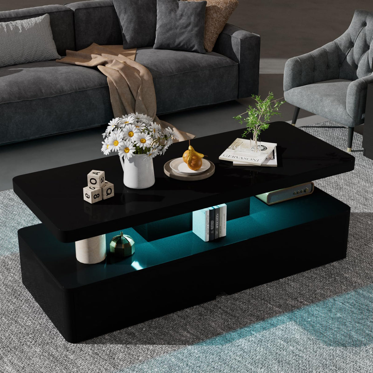 YISUFO 40" Modern Living Room Tables, LED Coffee Table with LED Lights, 2 Tier Rectangular Center Table with Large Storage, High Glossy Surface, Tea Table for Living Room, Black YISUFO