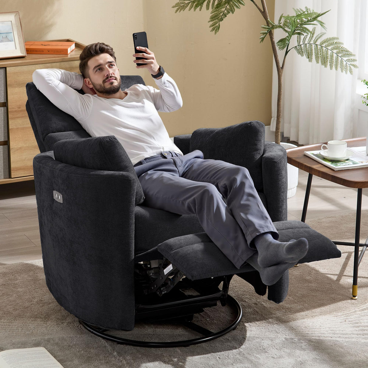 Recliner Swivel Glider Electric Rocking Chair with USB Port,Multifunction Upholstered Power Recliner Rocking Chair for Living Room Bedroom Nursery Adult with 2 Pillows(Black, Power-Driven) choairy