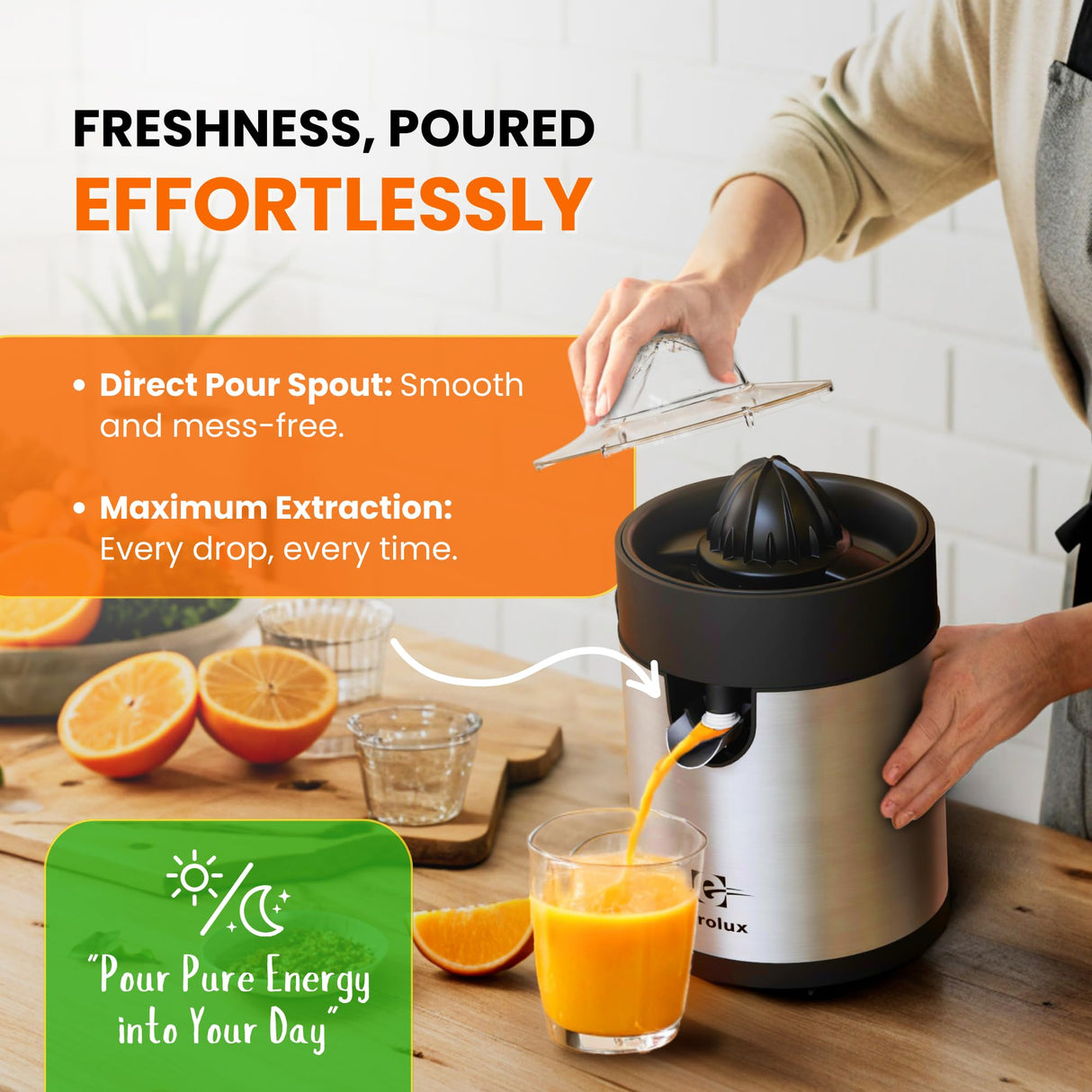 Eurolux Electric Orange Juicer, Sleek Effortless Citrus Juice Squeezer for Lemon, Lime, Grapefruit | Powerful Motor, Easy to Clean, Removable Dishwasher-Safe Parts Eurolux