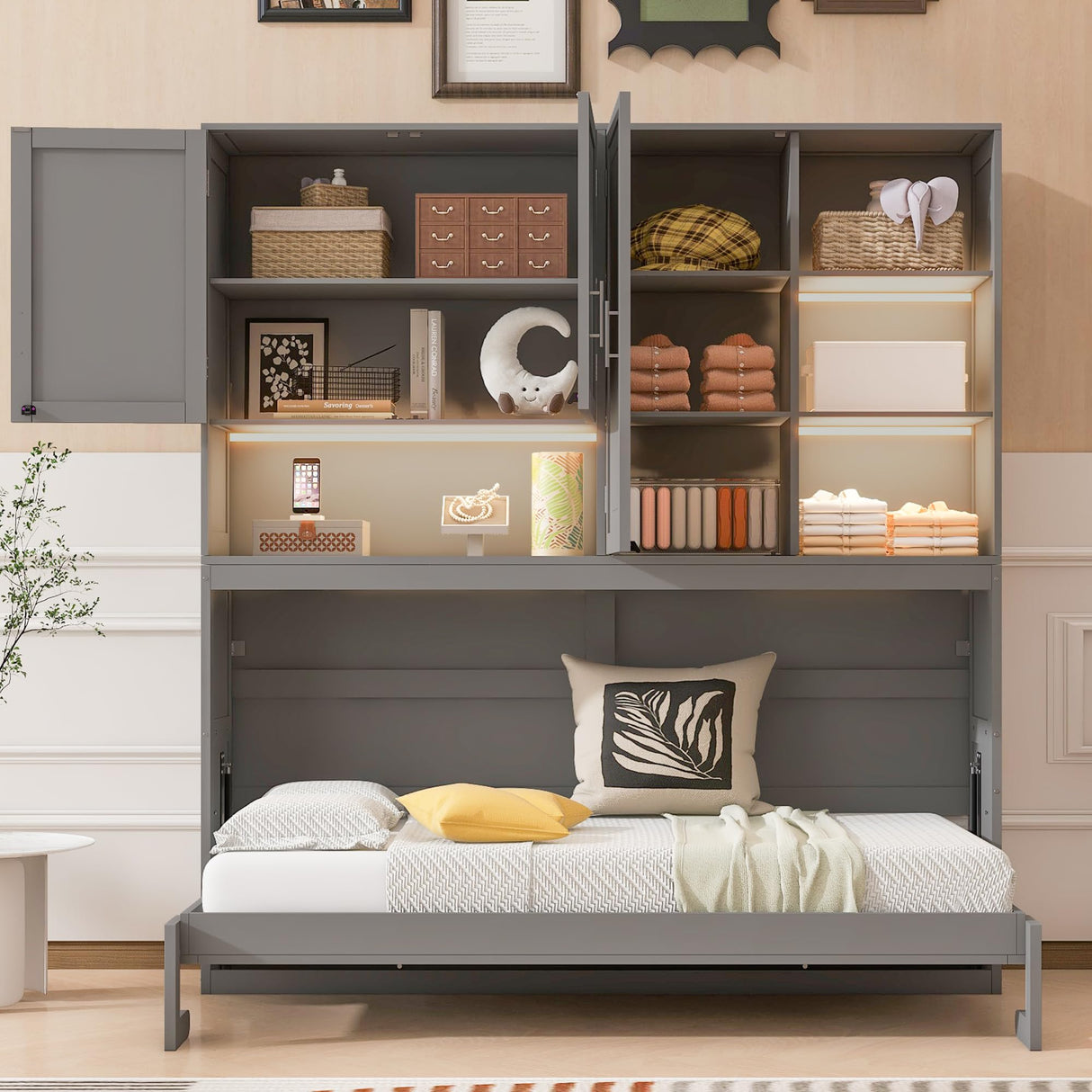 SOFTSEA Twin Horizontal Murphy Bed with Storage Shelves, Foldable Wall Bed with LED Light & Charging Stations, Space-Saving for Living Room, Guest Room, Bedroom, Office, Grey SOFTSEA