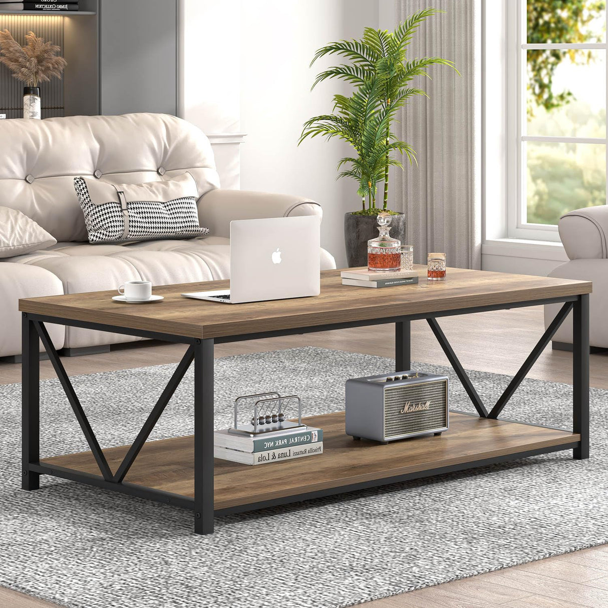 FOLUBAN Modern Coffee Table, Living Room Center Table with Storage, Wood and Metal Cocktail Table, Rustic Oak, 47 Inch FOLUBAN